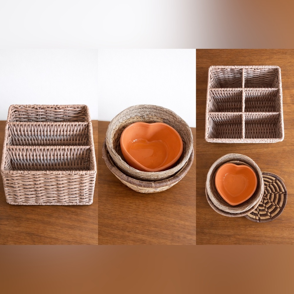 Natural Woven Desk Organizer Set with Orange Heart Bowl